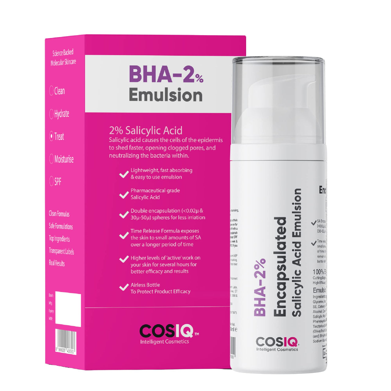 Cos-IQ BHA-2% Encapsulated Salicylic Acid Emulsion Face Serum for Sensitive Skin | Face Exfoliator for Blackheads, Whiteheads, Acne & Open Pores | Reduces Breakouts | For Women & Men | 30ml