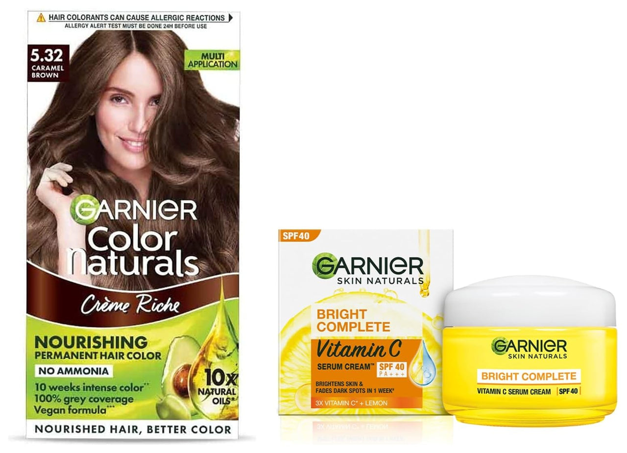 Garnier Skin Naturals, Day Cream, Protects Skin from Sun, Bright Complete Vitamin C Serum Cream, 45 g & Garnier, Hair Colouring Creme, Long-lasting Colour, Shade: 5.32 Caramel Brown, 70ml + 60g