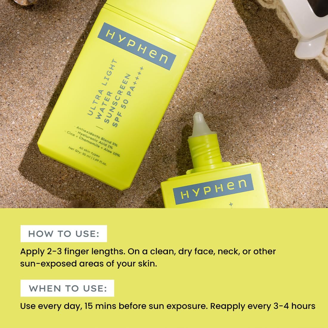 Hyphen 1% Hyaluronic Ultra Light Water Sunscreen SPF 50 PA ++++ | Broad Spectrum & Blue Light Protection | No White Cast | 5% Antioxidants Niacinamide Vitamin E | Korean Sun cream for Men Women | 50ml