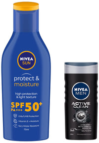 Nivea Sun Lotion, Spf 50, With Uva & Uvb Protection, Water Resistant Sunscreen Oily Skin Type For Men & Women, 75 Ml & Men Body Wash, Active Clean With Active Charcoal, Shower Gel, 250 Ml
