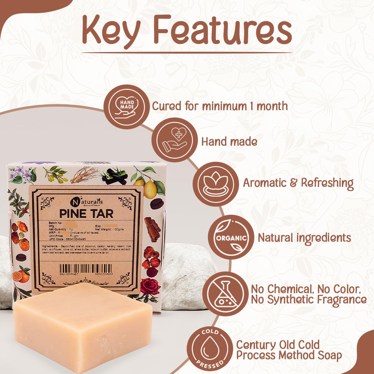 Naturalis Pine Tar Soap – Handmade Cold Pressed Soap Infused with Pine Tar Oil – Natural, Luxury Soap for Deep Skin Nourishment, Moisturizing and Refreshing, 100g