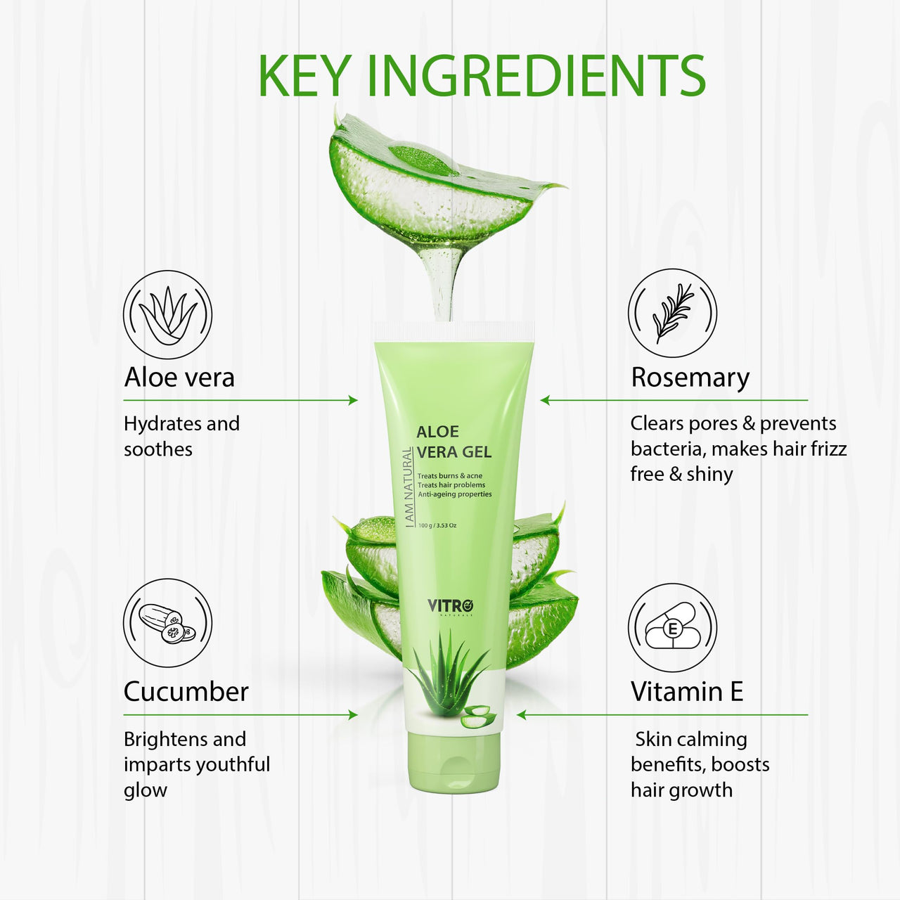 Vitro Aloe Vera Gel for Face, Skin and Hair - with Vitamin E, Rosemary Extract, Cucumber Extract and Aloe vera Juice - 100ml