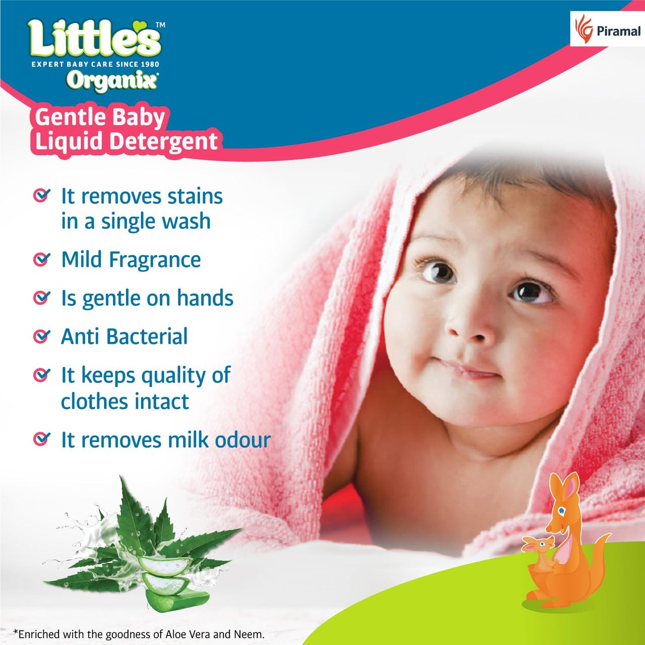 Little's Organix Gentle Baby Detergent Liquid for Clothes | 1000 ml | Anti-Bacterial Liquid Detergent for Baby Clothes Enriched with Aloe Vera & Neem Extracts | Free from Brighteners & Bleach