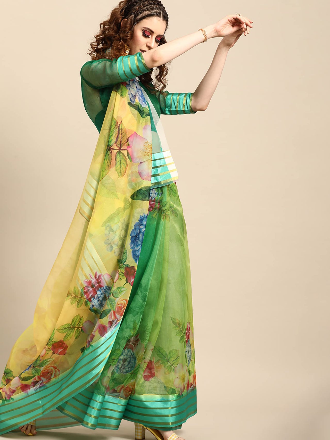 AKHILAM Women's  Knit Floral Printed Organza Saree with Unstitched Blouse Piece (FF0SAGE10_Parent)