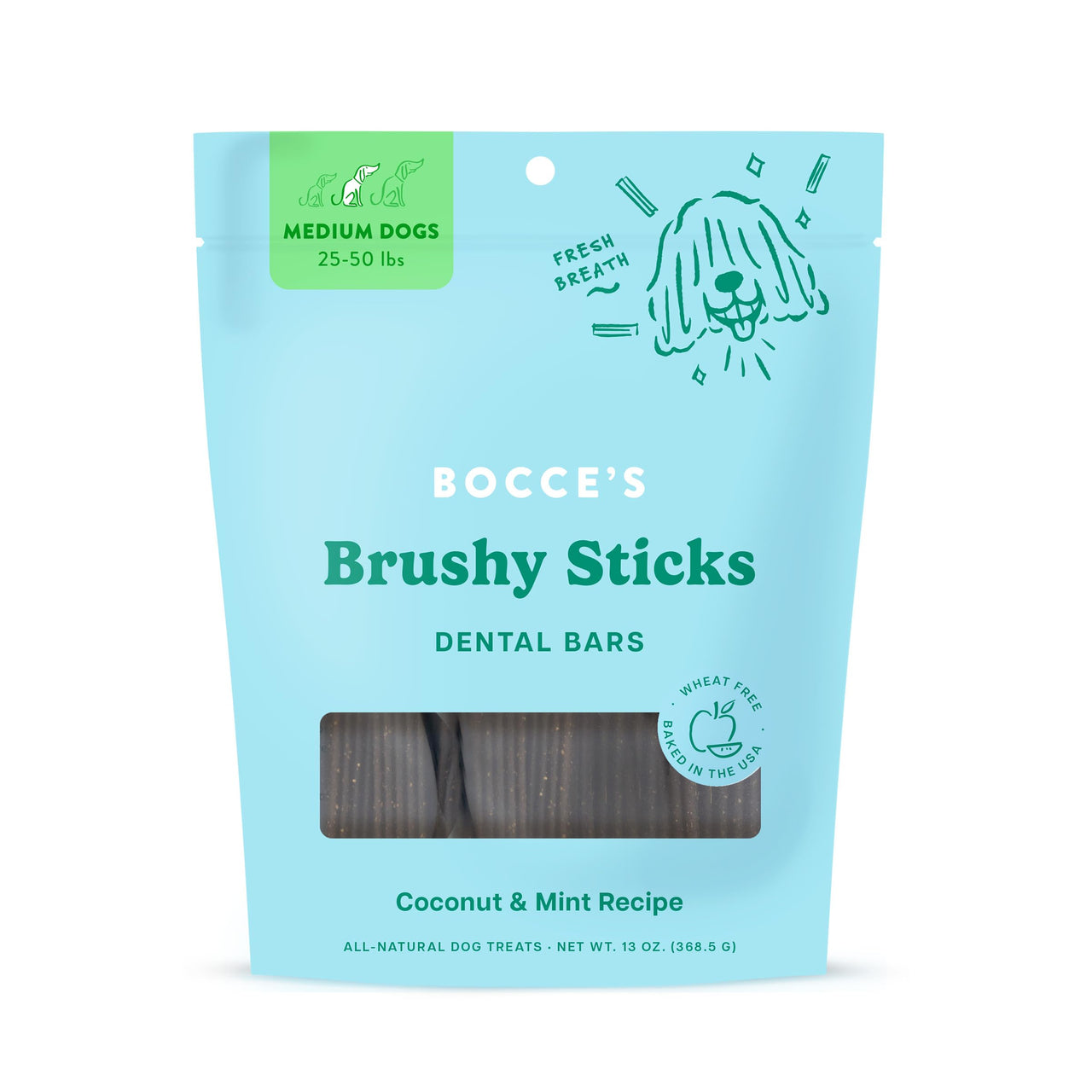 Bocce's  Bakery Dailies Brushy Sticks to Support Oral Health & Fresh Breath, Wheat-Free Dental Bars for Dogs, Made with Real Ingredients, Baked in The USA, All-Natural Coconut & Mint, Medium Dogs