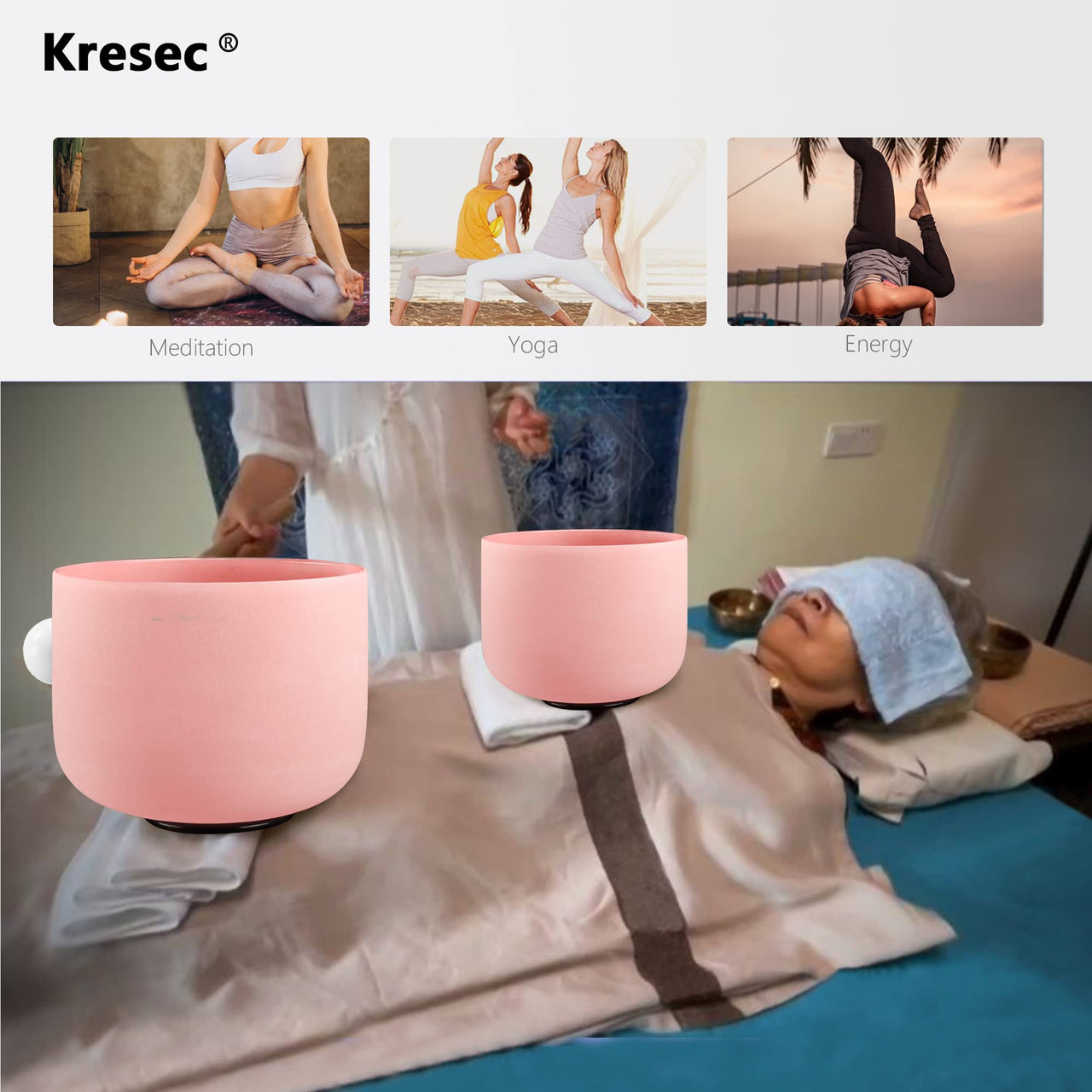 Kresec Pink 8 Inch Crystal Singing Bowl F Note (¡À40 cents) Heart Chakra with O-ring and Mallet for Meditation, Yoga, Spiritual and Body Healing and Energy Cleansing Pink F Note