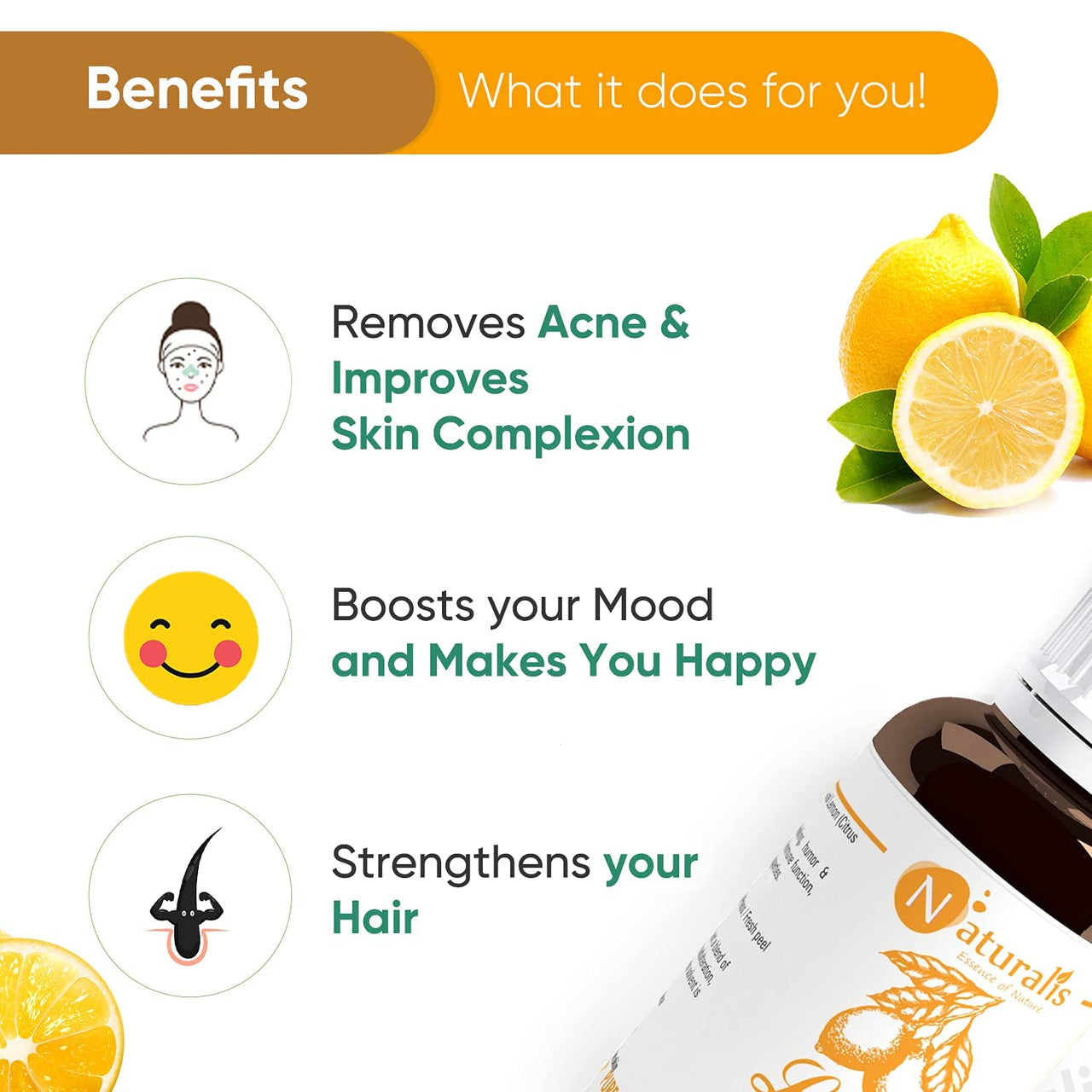 Naturalis Essence of Nature Cold Pressed Lemon Essential Oil 100% Pure, Natural & Undiluted Therapeutic Grade for Skin Pigmentation, Face, Hair, Aromatherapy and Massage - 30ml