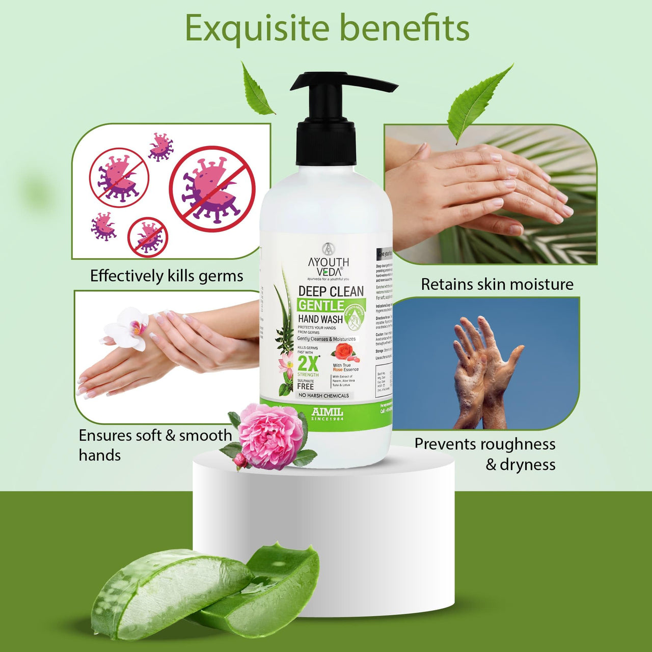 Ayouthveda Deep Clean Gentle Hand Wash | With Neem, Aloe Vera, Tulsi & Lotus | Gently Cleanses & Moiusturizes Hands | Germ Protection Formula Without Any Harsh Chemicals (Pack Of 1; 300ml)