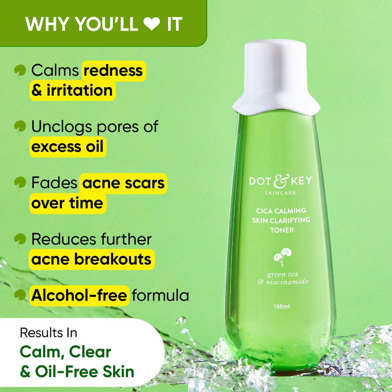Dot & Key Cica Calming Skin Clarifying Toner with Green Tea & Niacinamide | Toner for Acne Prone Skin | Niacinamide Toner For Acne, Oily & Sensitive Skin | Fades Acne Scars & Dark Spots | 150ml