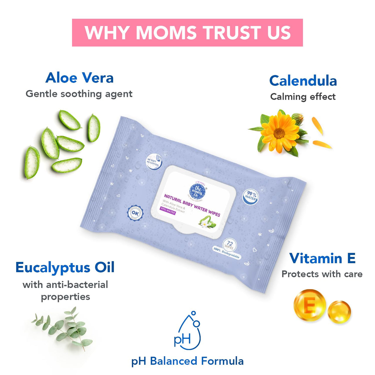 The Moms Co Rash Free Baby Wet Wipes, 99% pure water, 100% plant-based with Aloe Vera, Calendula, Eucalyptus Oil & Vitamin E | Anti-bacterial, Allergen Free & Non-Irritating - Pack of 1
