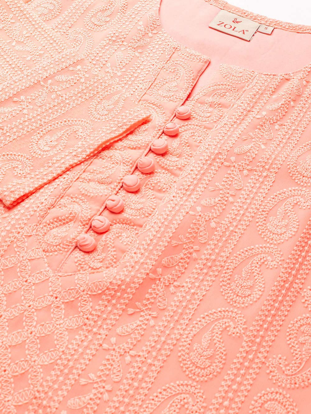 ZOLA Exclusive Georgette Round Neck with Full Sleeves and Calf Length Luckhnowi Chikan Kari Kurta with Button Placket on Yolk Ethnic Wear Straight Kurta for Women Pack of 1