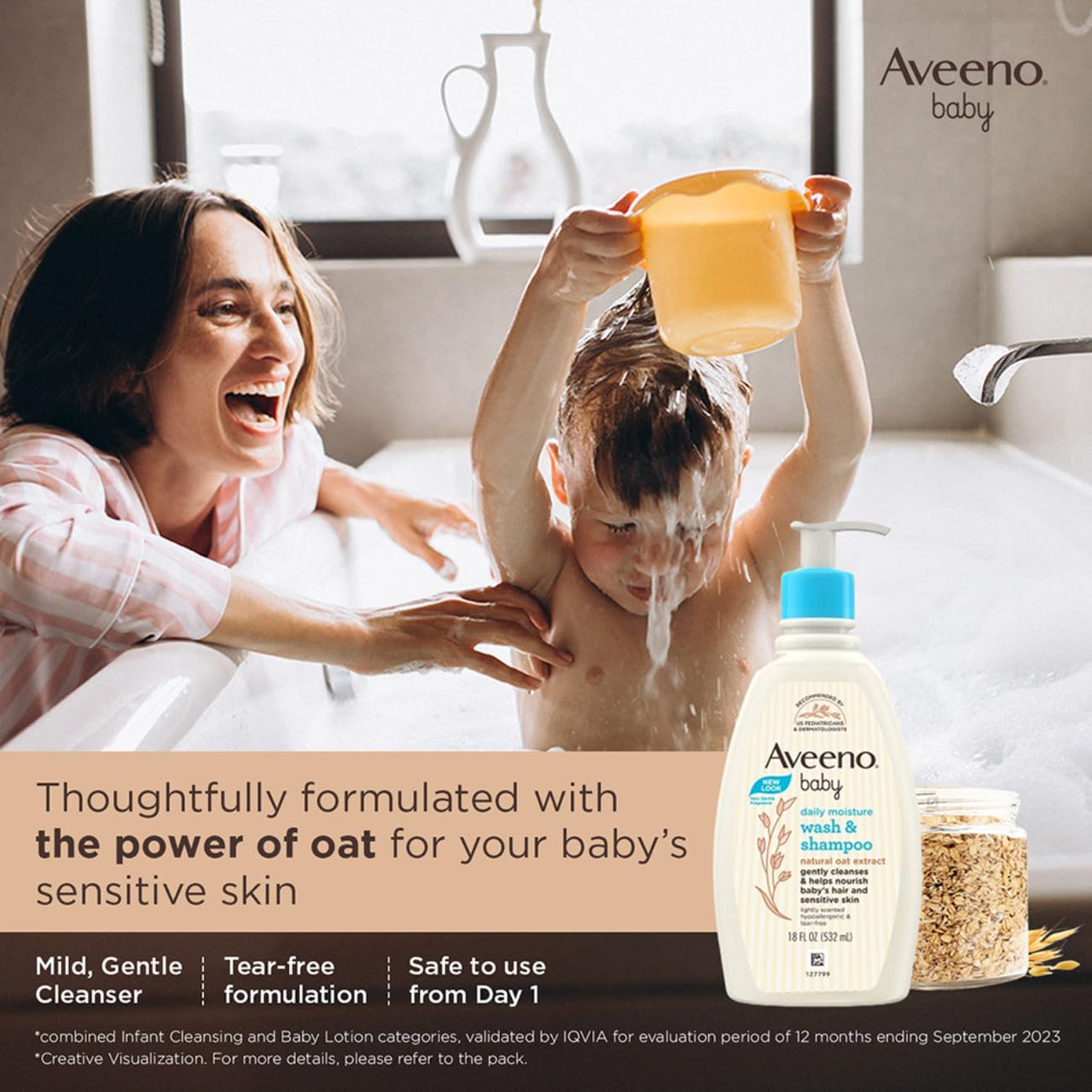Aveeno Baby Daily Moisture Wash & Shampoo | Gentle Cleanser for Head to Toe | Tear Free & Soap Free Formula with Active Natural Oats | for Dry & Sensitive Skin | US Pediatrician Recommended, 532ml