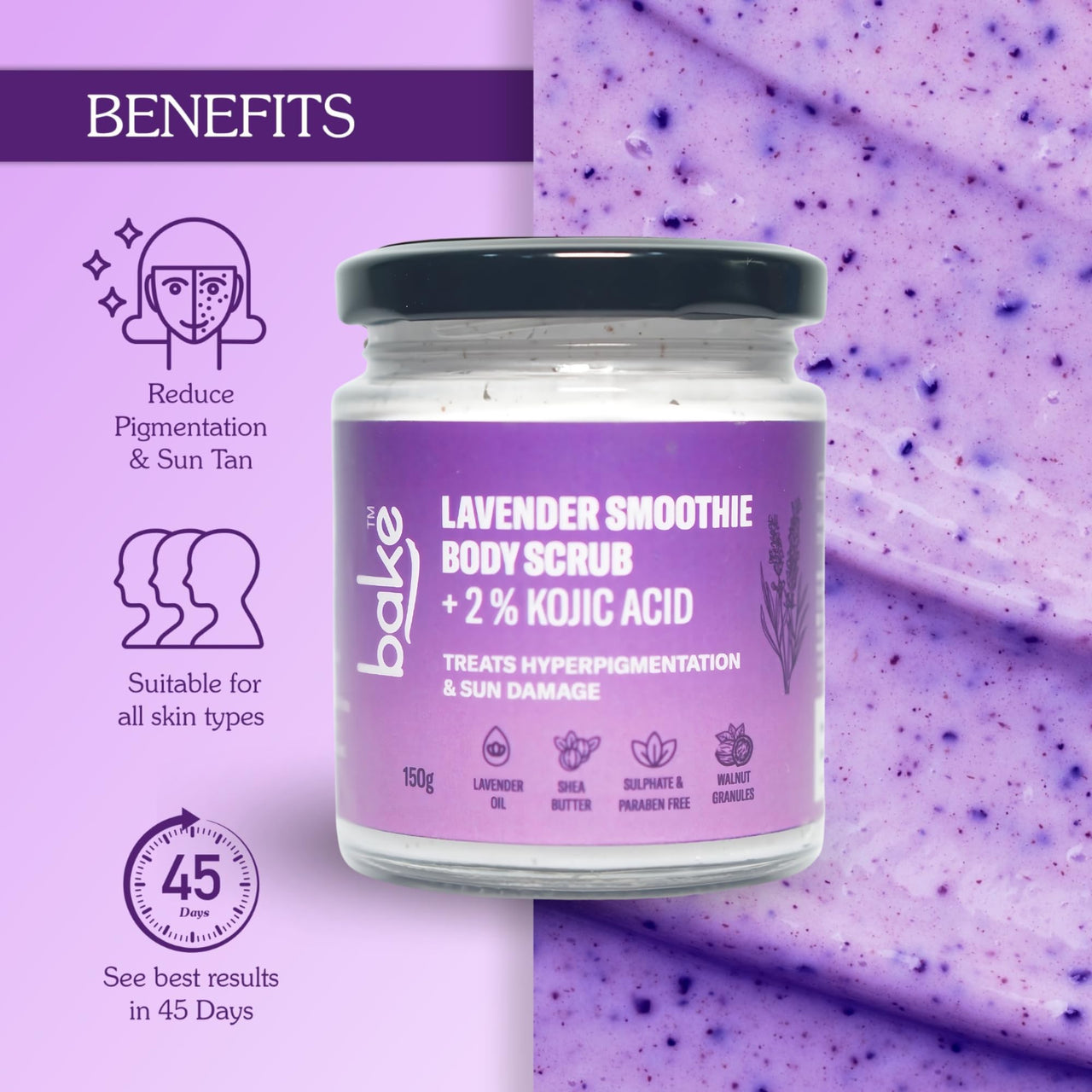 BAKE 2% Kojic Acid Lavender Smoothie Body Scrub for Women & Men | Skin Brightening, Treats Hyperpigmentation & Tan Removal | Shea Butter, Walnut Granules, Jojoba Oil | 150g