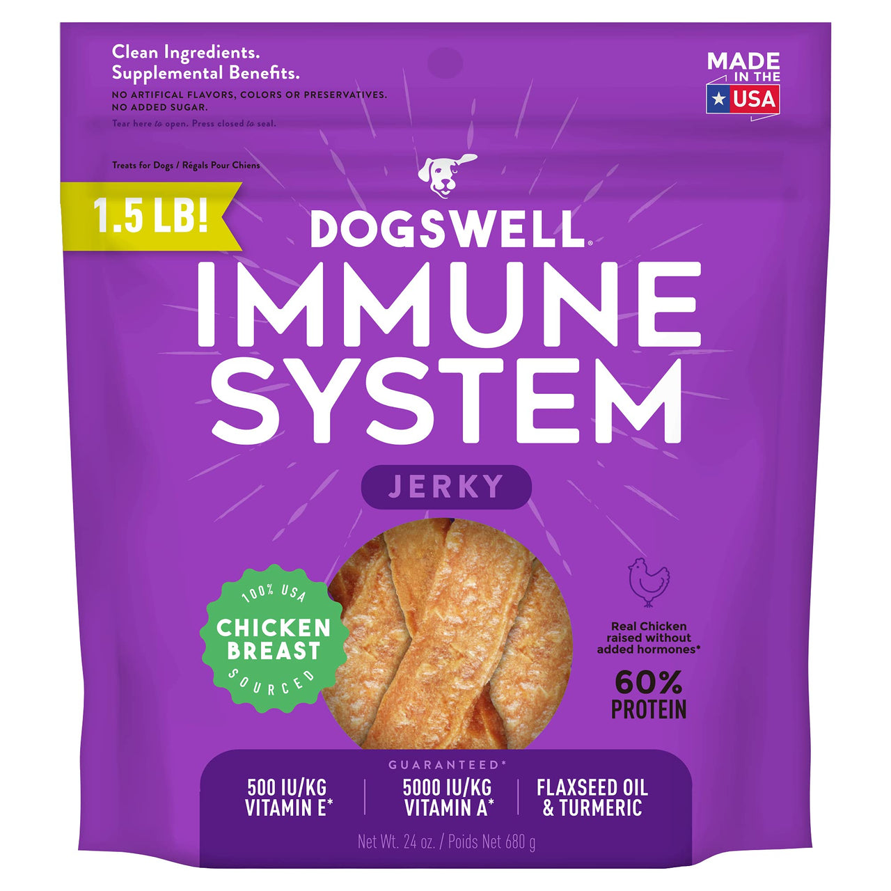 DOGSWELL Immunity & Defense, Flaxseed Oil, Turmeric, Vitamin E & A, Healthy Aging, Chicken Jerky 24 oz (842197) 1.5 Pound (Pack of 1)