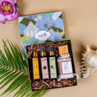 Mellow Must Have Eessential Gift Box | Rose water-100ml, Marigold & mint facewash-100ml, Chocolate and almond Scrub Soap with wooden soap tray-100g, Green apple Body Lotion-100ml, Lip cure-12g