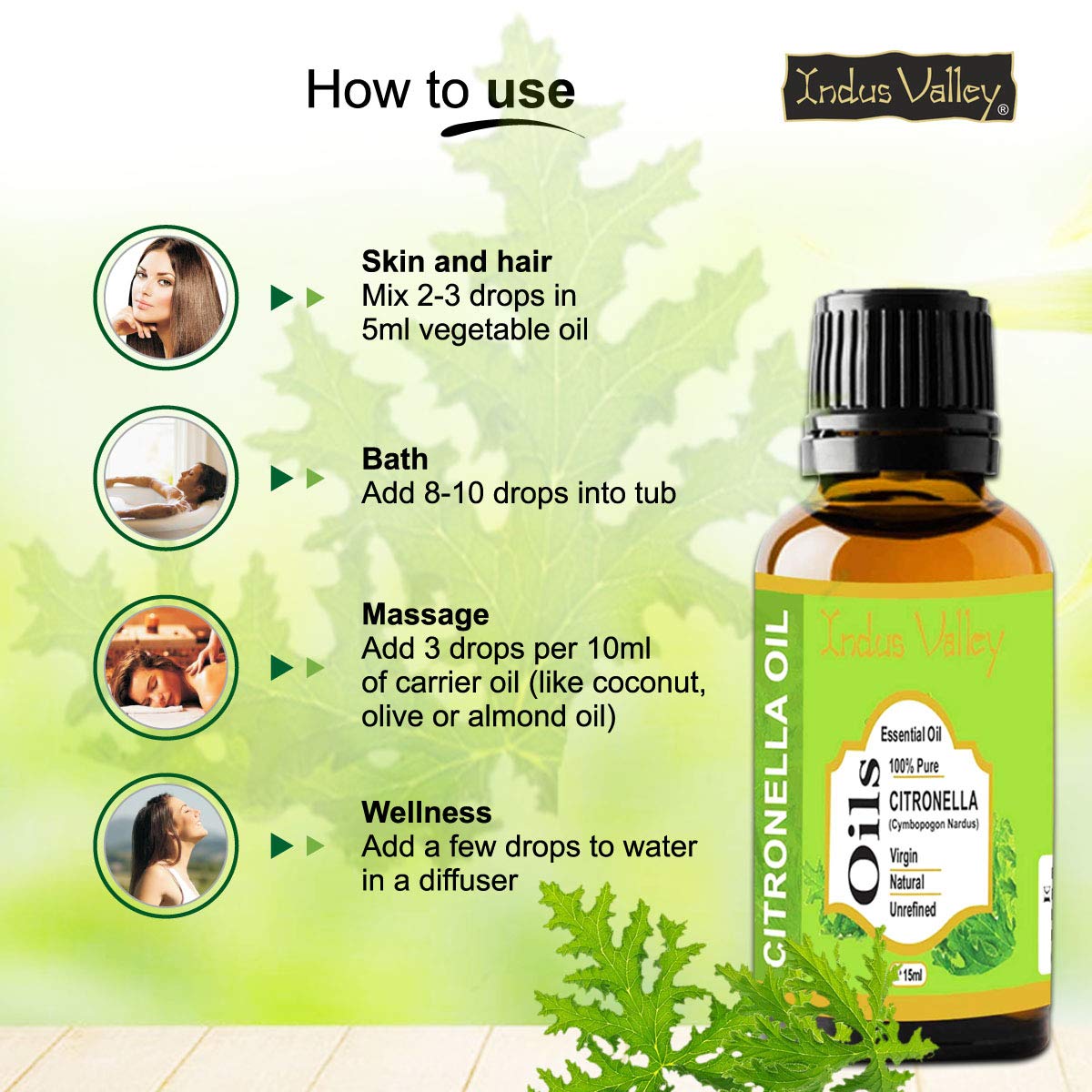 Indus Valley 100% Pure Natural & Organic, Undiluted citronella Essential Oil with Glass Dropper for Skin, Hair Care -15ml