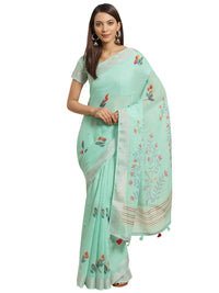 AKHILAM Women's  Linen Geometric Saree With Unstitched Boluse Piece