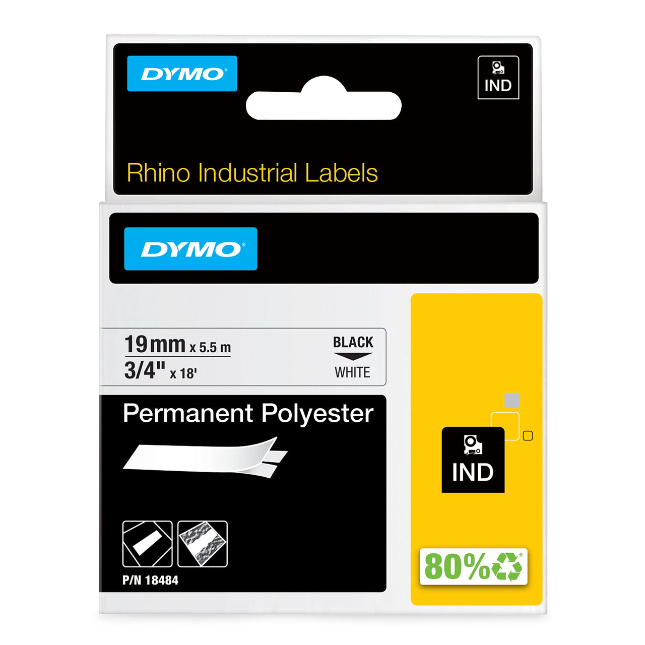 DYMO Rhino Industrial Permanent Polyester Labels, 3/4", Black Print on White Tape 3/4" (19MM)