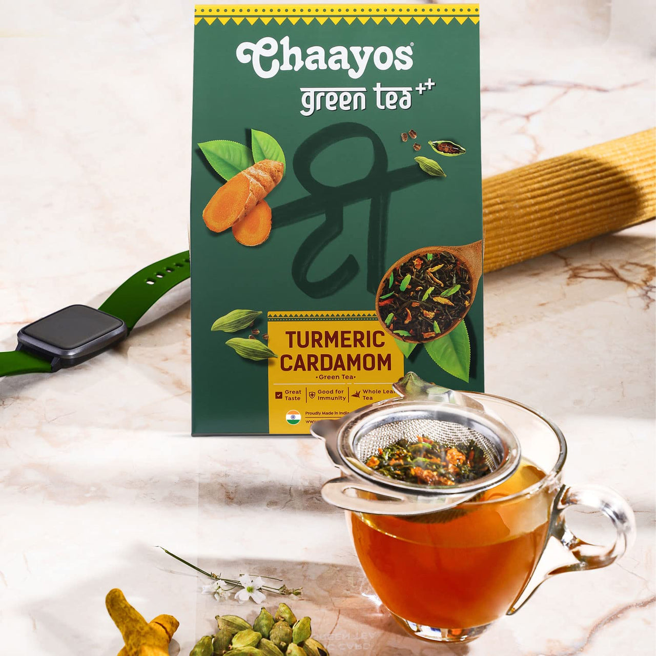Chaayos Turmeric Cardamom Green Tea | Turmeric Cardamom Tea | Whole Leaf Loose Tea | Immunity Boosting - 100g [50 Cups] | Antioxidant Green Tea | Green Tea