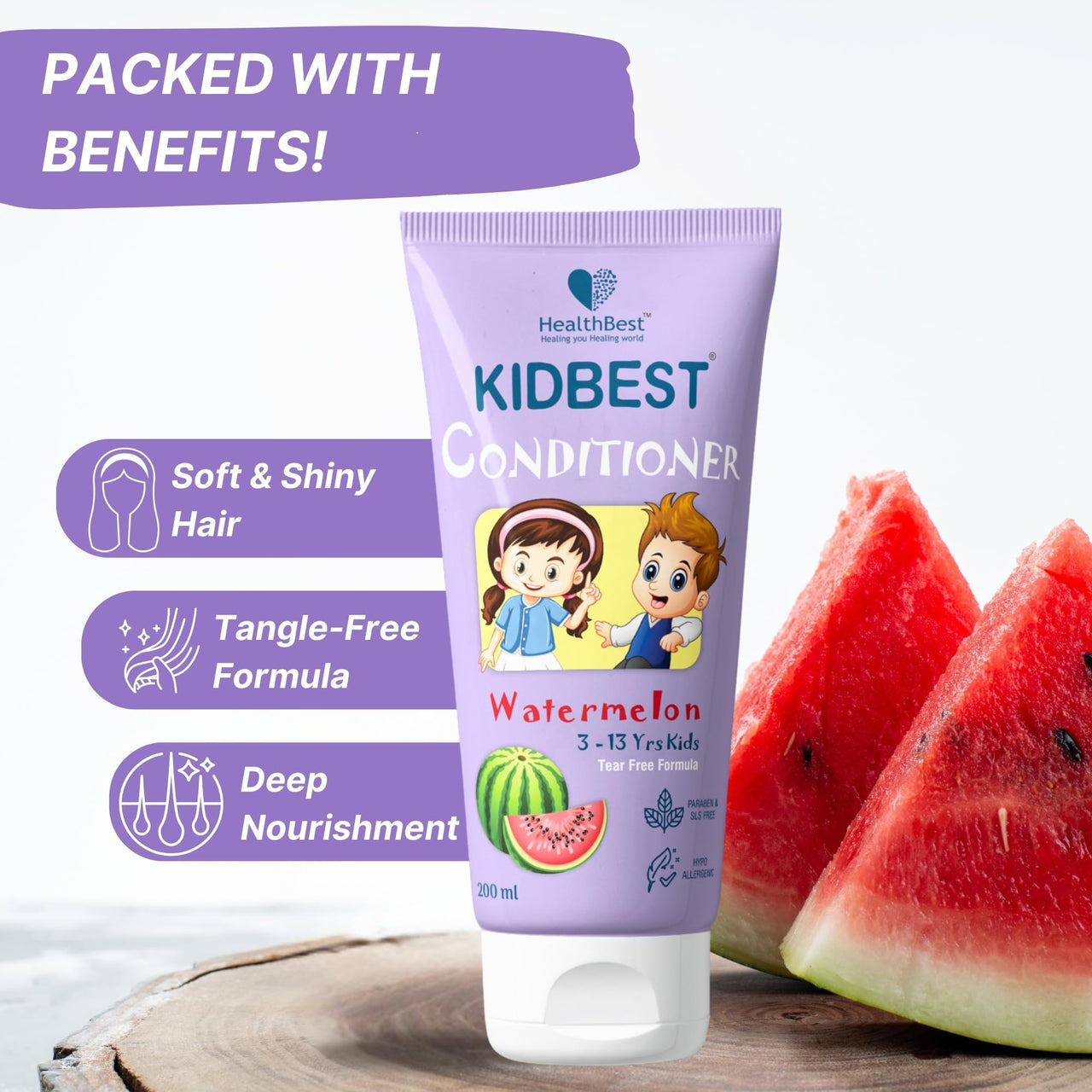 HealthBest Kidbest Conditioner for 3-13 Years Kids | Nourishing Hair, Hair Smoothing | Tear, Paraben, SLS free | Watermelon Flavor | 200ml (Pack of 2)