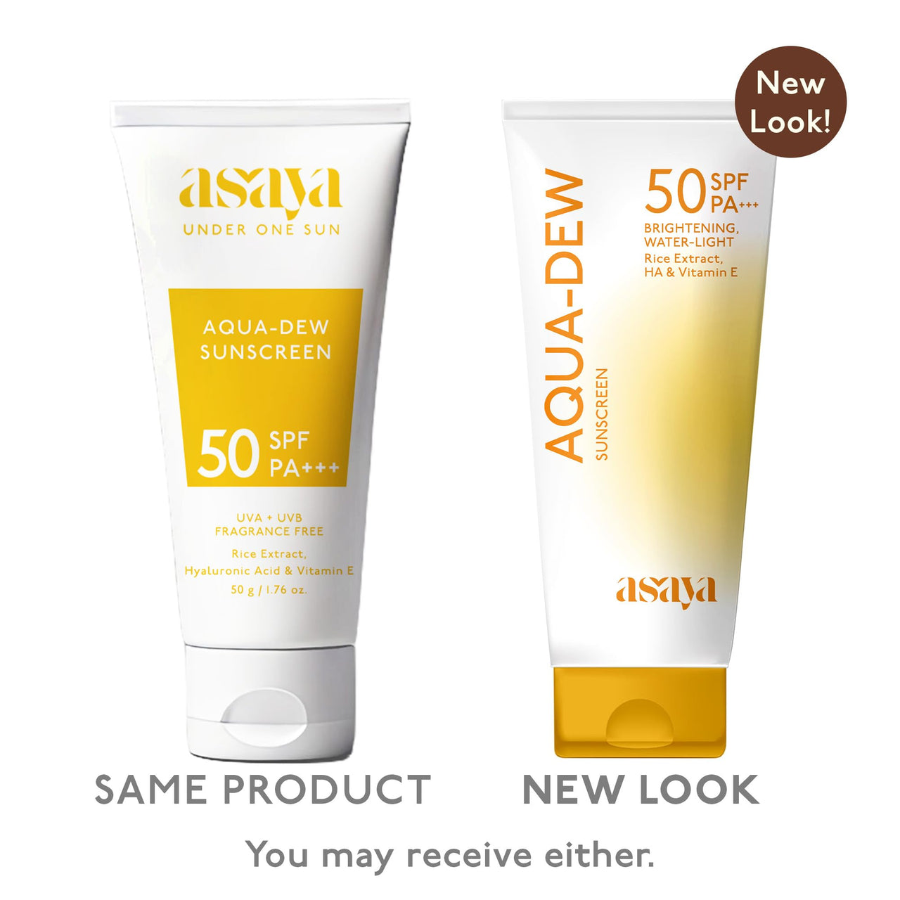 Asaya Aqua Dew Sunscreen SPF 50 PA+++ | UVA/B Light Protection | Blue Light Protect | Dewy | With Rice Extract | No White Cast | Prevents Tanning | Ultra Light Water Sunscreen | Water & Sweat Resistant | Fragrance-Free | For Even Toned & Glowing Skin | Fo