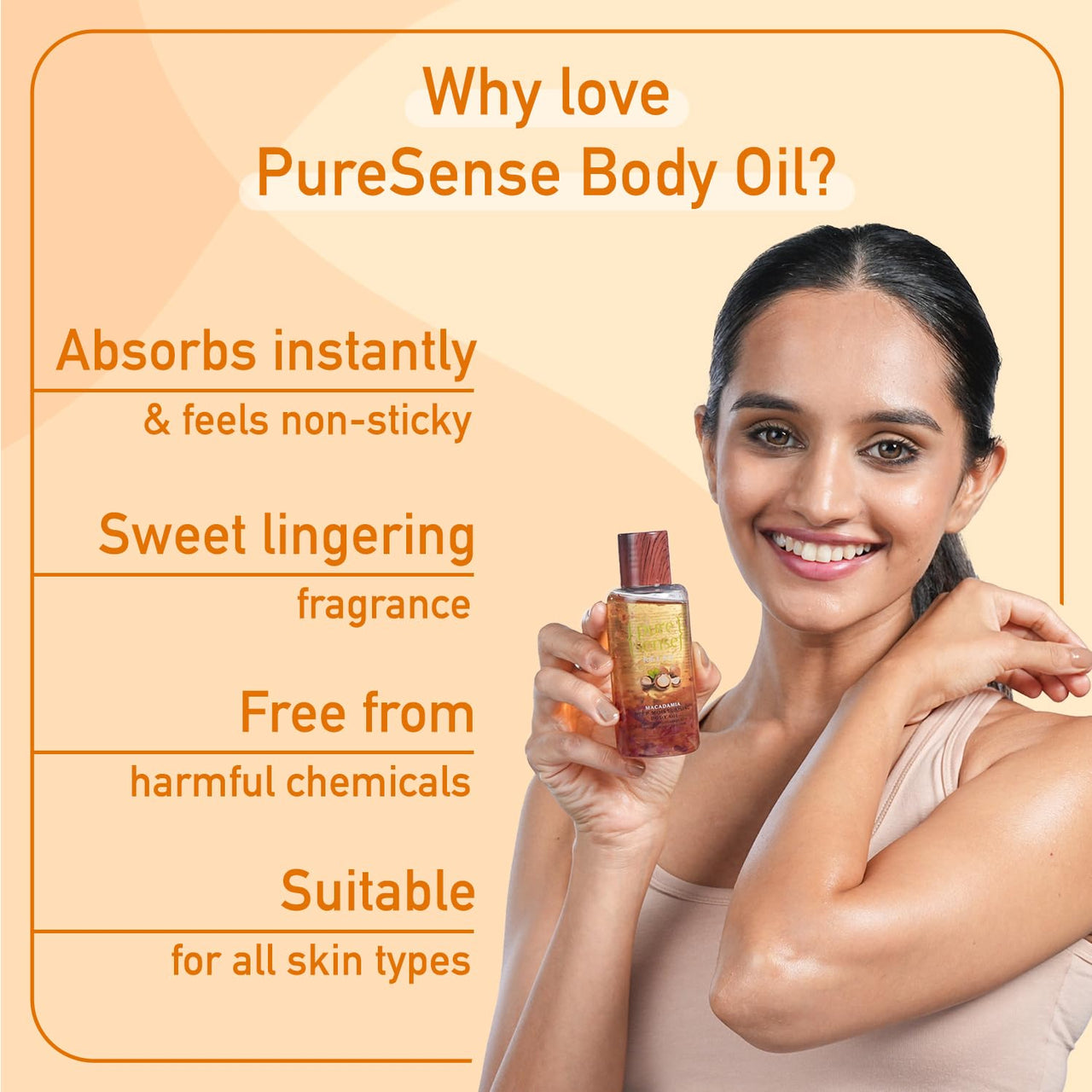 PureSense Macadamia Deep Moisturising Body Oil for All Skin Types with Rich Almond Oil & Rose Petals, Nourishes Skin, Relaxes Senses, Sulphate & Paraben Free, 100 ml