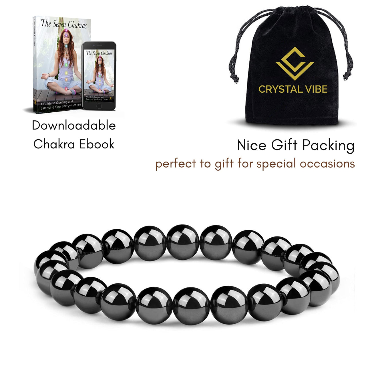 Crystal Vibe 8mm Hematite Bracelet - Elastic Adjustable Crystal Bracelet for Spiritual Healing, Positive Energy – Beaded Bracelet for men women