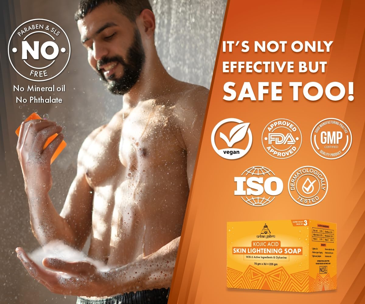 UrbanGabru Kozic Acid Skin Lightening Soap Pack of 6| Kojic acid soap with Glycerine, Glutathione, Alpha Arbutin, Niacinamide (75 g X 6)