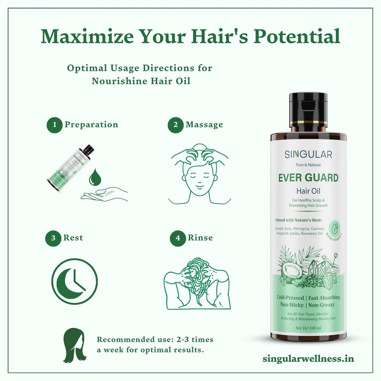 Singular Ever Guard Hair Oil for Men & Women | Hair Growth & Hair Fall Control | Cold-Pressed Blend of Argan, Almond, Bhringraj, Rosemary Oil & Vitamin E - 100 ml