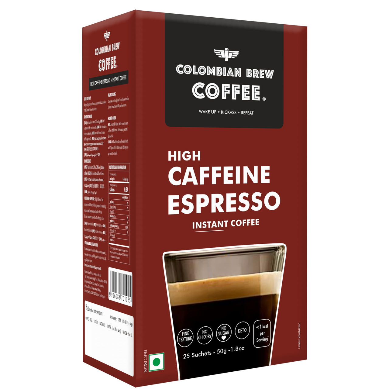 COLOMBIAN BREW COFFEE Colombian Brew High Caffeine Espresso Instant Coffee Powder, Strong, 50g
