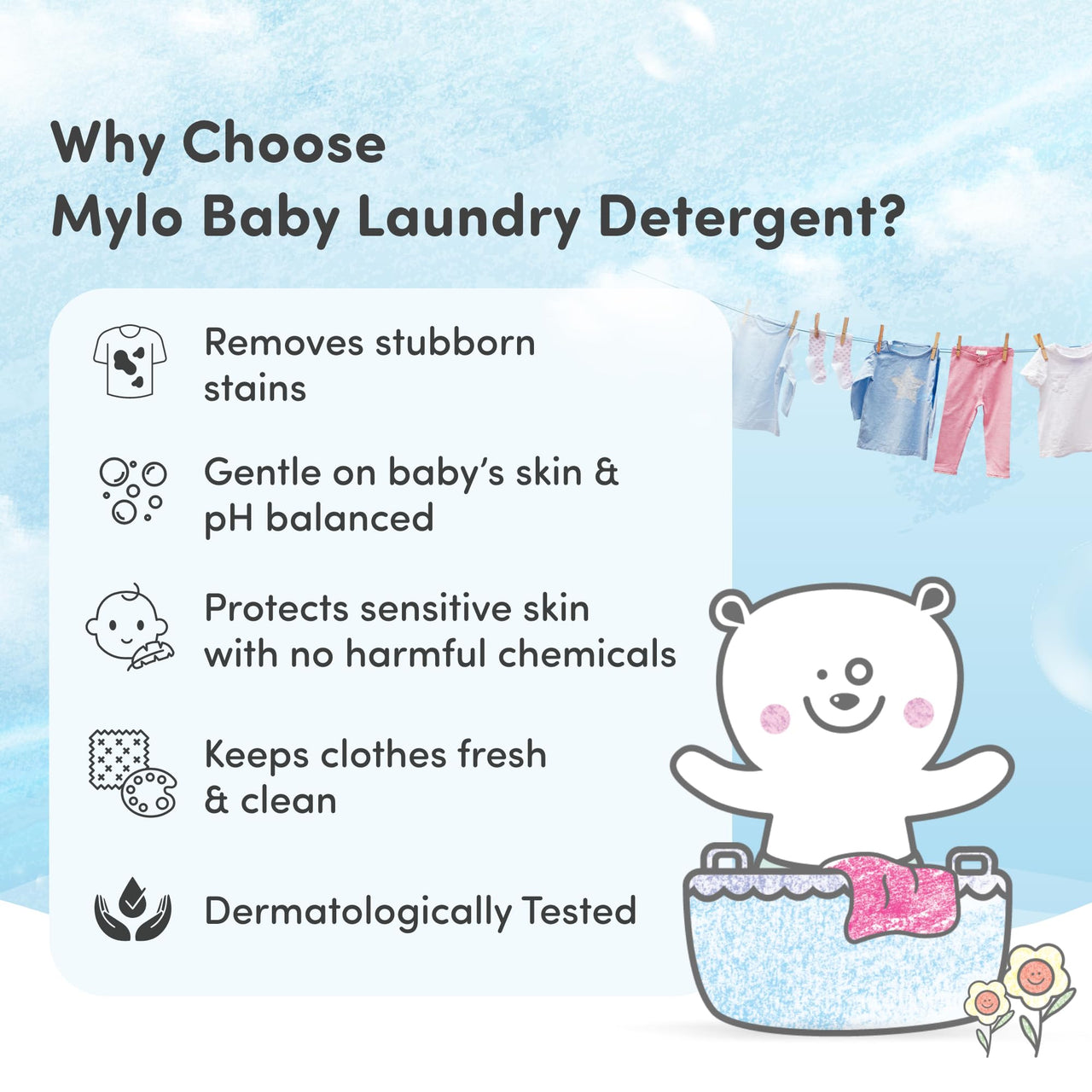 Mylo Baby Detergent Liquid For Clothes 1 Litre | Anti - Bacterial | No Harmful Chemicals, No Allergens & No Artificial Colours