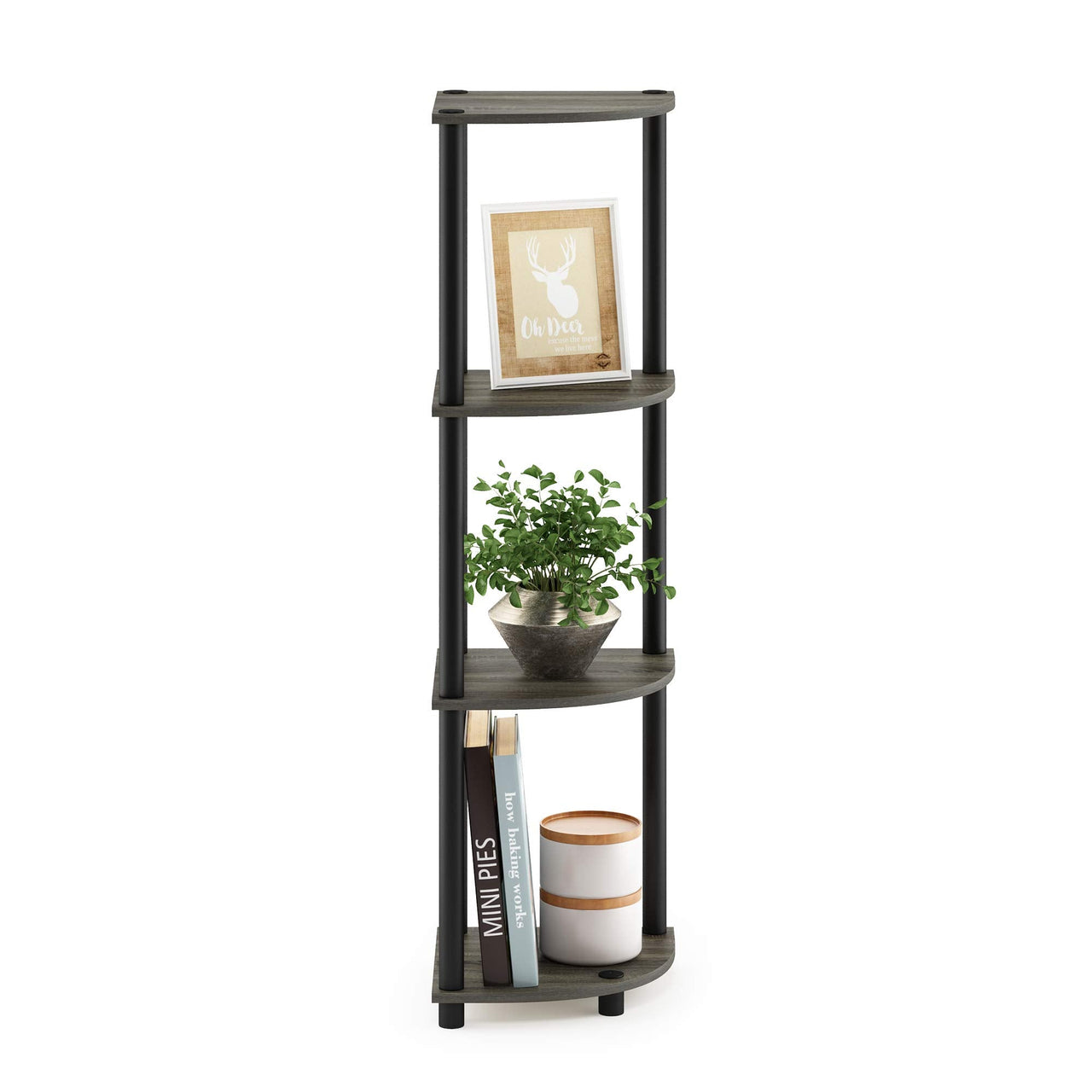 Furinno Turn-N-Tube 4-Tier Corner Display Rack Multipurpose Shelving Unit, Dark Brown Grain/Black 4-Tier Round Tube