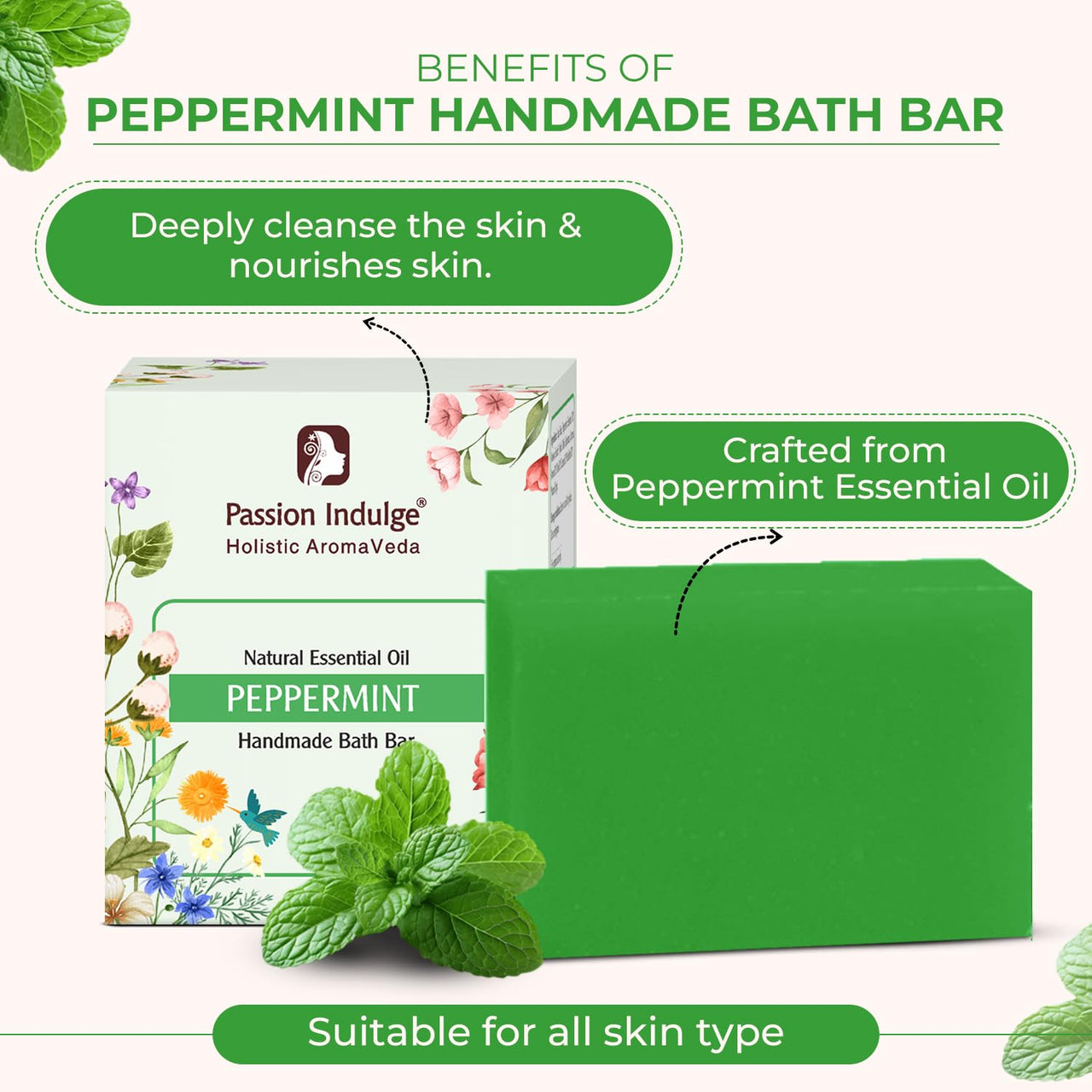 Passion Indulge Natural Handmade Bath Bar Soap - Peppermint (Pack of 3)