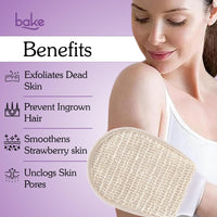 BAKE Exfoliating Bath Glove for Dead Skin, Tan Removal, Strawberry Skin, Body Acne & Ingrown Hair | 100% Ramie Plant Fibre, Body Exfoliator for Dry Patches | For Men & Women | 1 Glove (20g)