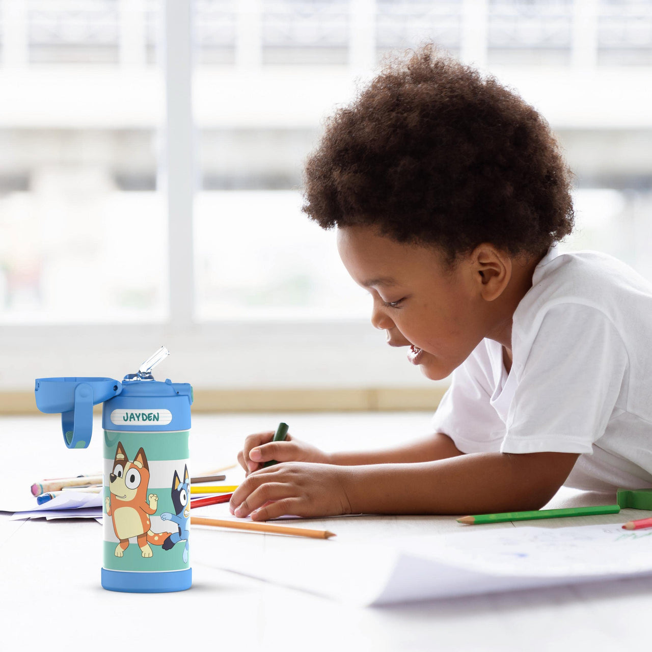 THERMOS FUNTAINER Water Bottle with Straw - 12 Ounce, Bluey - Kids Stainless Steel Vacuum Insulated Water Bottle with Lid Licensed Characters