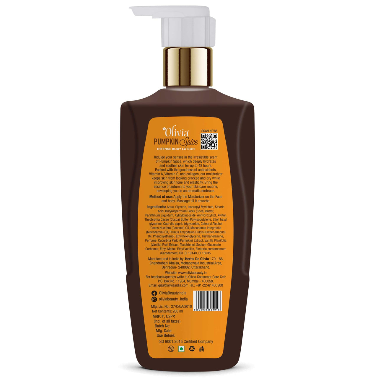 Olivia Pumpkin Spice Intence Body Lotion 200ml | 48 Hrs Moisturization | All skin Types | Non-greasy