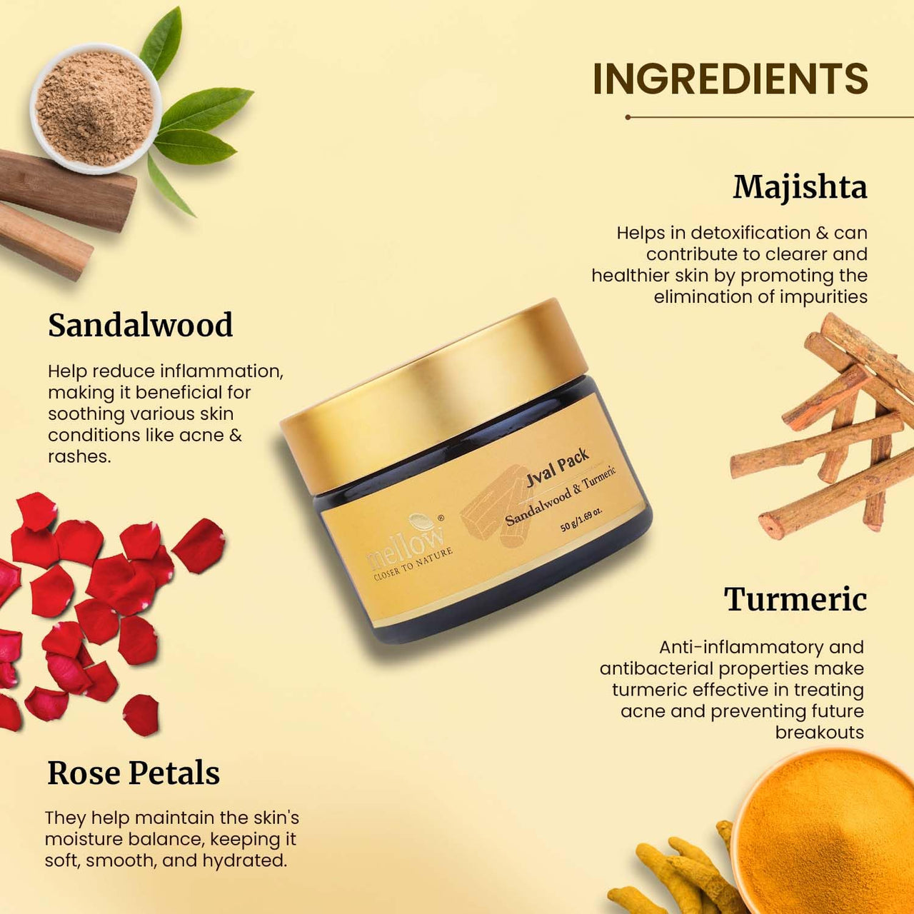 Mellow Herbals Jval Ayurvedic Face Pack | Natural Tan Removal & Skin Brightening | Infused with Turmeric, Sandalwood, Manjistha & Rose Petals | Evens Skin Tone & Enhances Glow | 50g