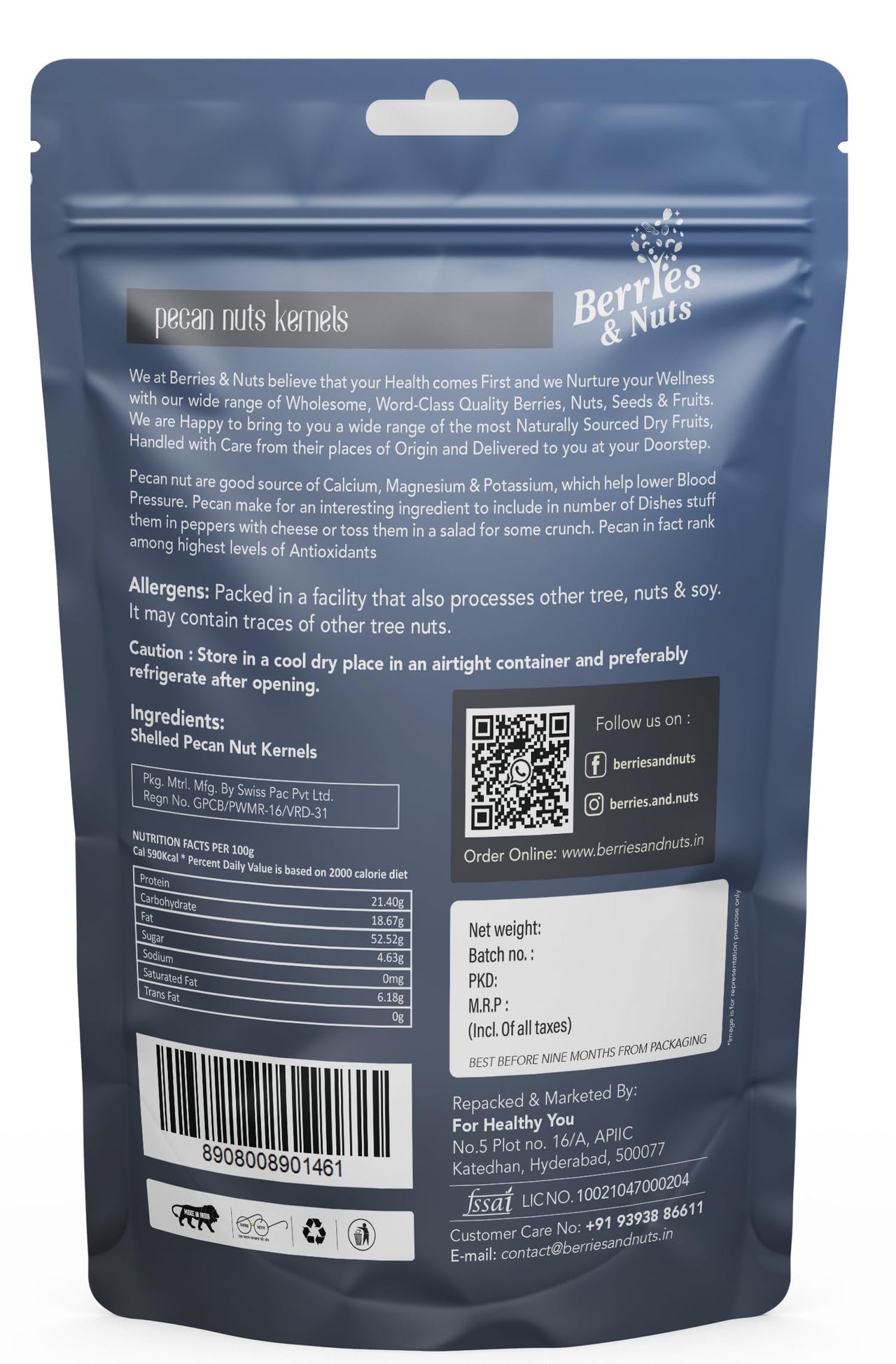 Berries & Nuts Premium American Pecan Nuts 200 Grams | Crunchy Nuts, Rich in Protein & Fibre, Pecans | 1 Pack of 200 Grams