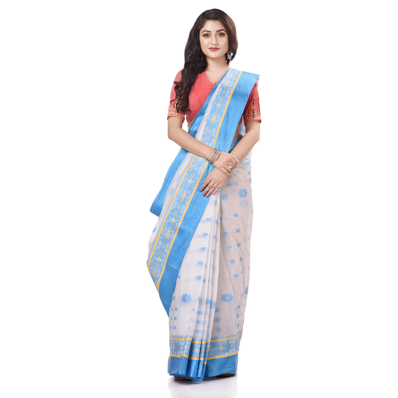 dB DESH BIDESH Women`s Traditional Bengal Phulkoli Woven Design Pure Handloom Cotton Saree Without Blouse Piece White Red