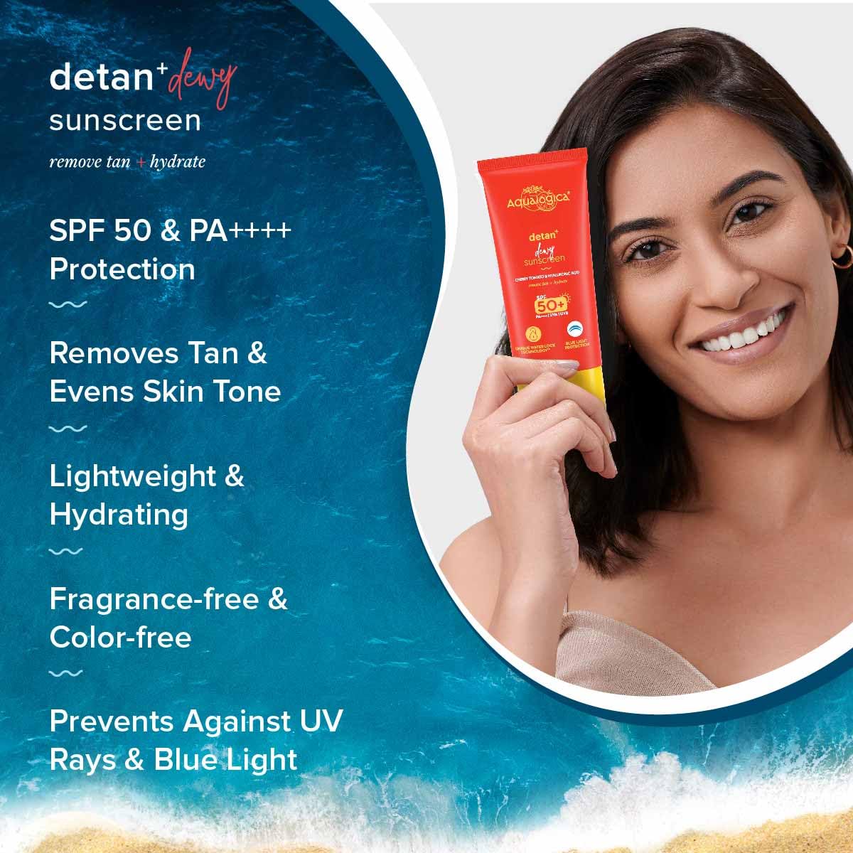Aqualogica Detan+ Dewy Sunscreen with Cherry Tomato & Hyaluronic Acid with SPF 50 & PA++++ for Men & Women - For Normal, Dry & Combination Skin - 80g | Pack of 2