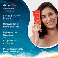 Aqualogica Detan+ Dewy Sunscreen with Cherry Tomato & Hyaluronic Acid with SPF 50 & PA++++ for Men & Women - For Normal, Dry & Combination Skin - 80g | Pack of 2