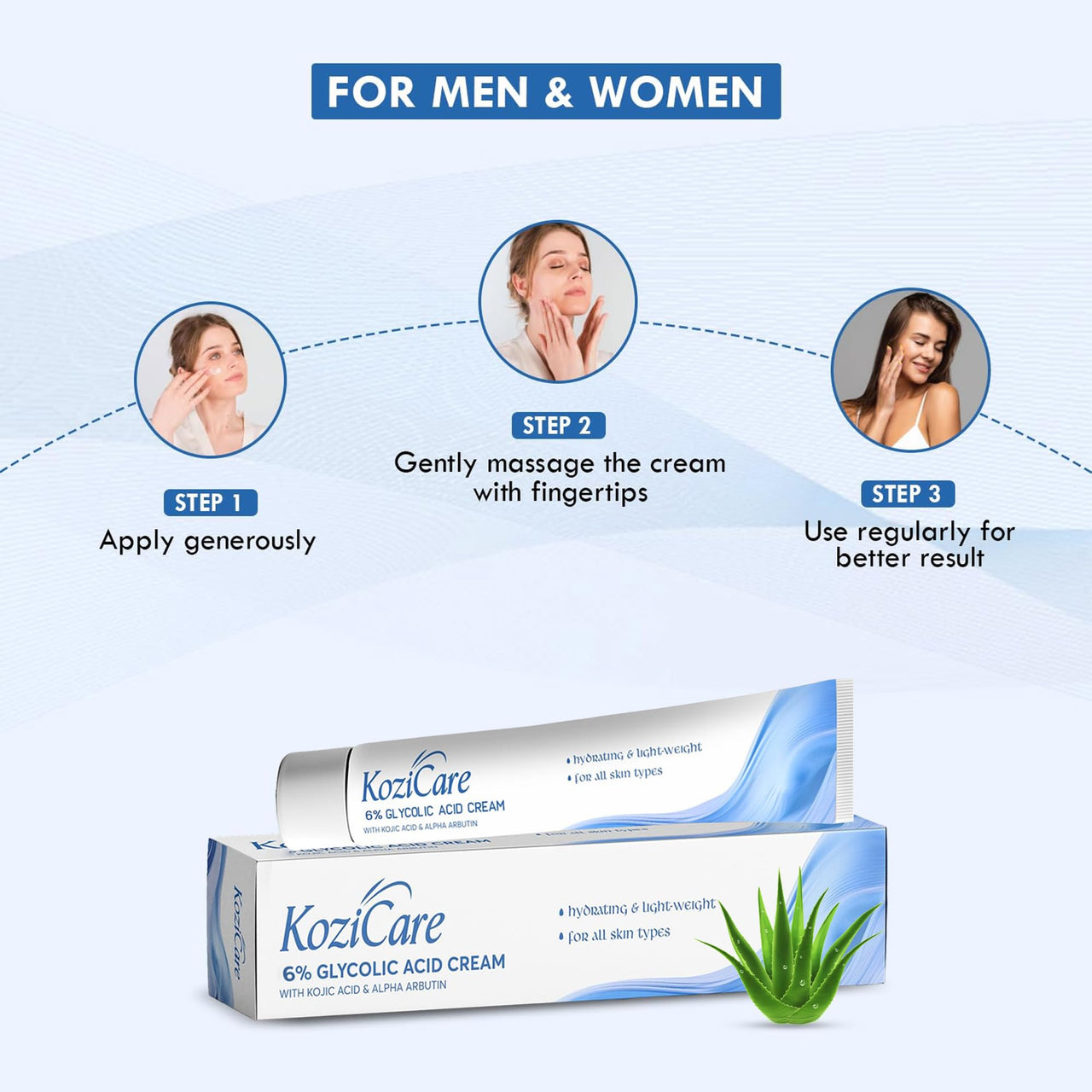 Kozicare Glycolic Acid Face Cream 6% | Anti Wrinkles & Anti-Ageing Brightening Cream | Reveal Radiant Skin | Glycolic Acid, Aloe Vera, & Vitamin E | Women's & Men's Face Cream - 15gm