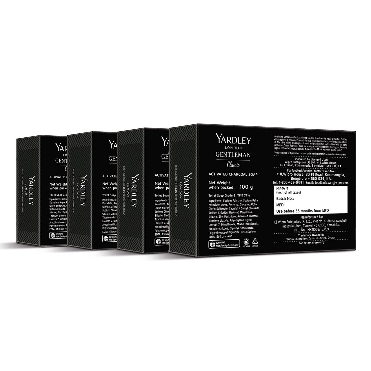 Yardley London Gentleman Classic Activated Charcoal Soap| 99.9% Germ Protection and Deep Cleansing| Daily Bathing Bar Soap For Men| Masculine Fragrance| 100g (Pack of 4)