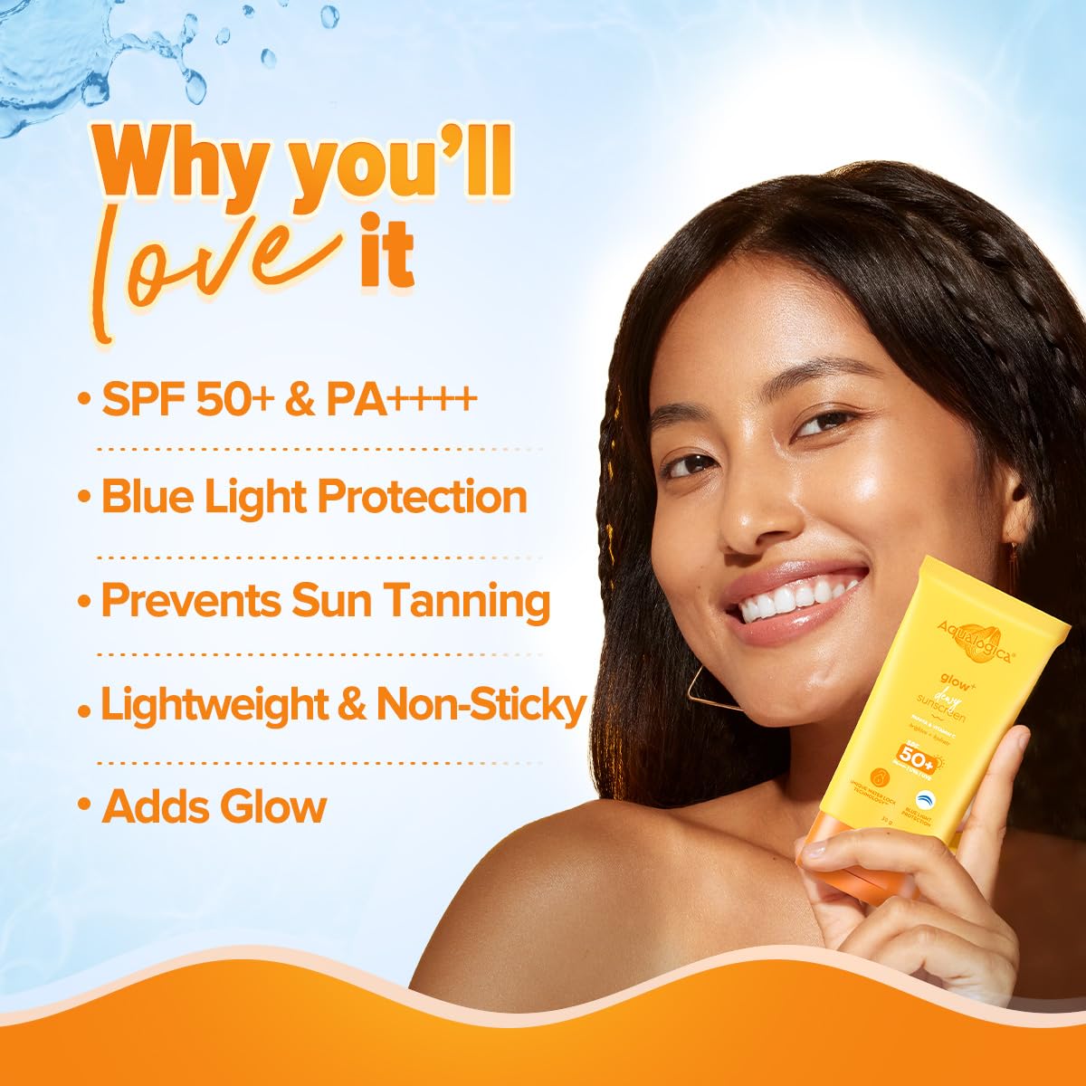 Aqualogica Glow+ Dewy Sunscreen SPF 50 PA++++ with Papaya & Vitamin C | For Dry, Sensitive, Oily & Combination Skin | UVA/B & Blue Light Protection | Travel Friendly | For Men & Women | 30g