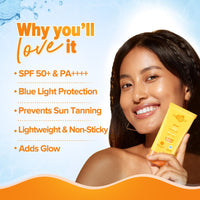 Aqualogica Glow+ Dewy Sunscreen SPF 50 PA++++ with Papaya & Vitamin C | For Dry, Sensitive, Oily & Combination Skin | UVA/B & Blue Light Protection | Travel Friendly | For Men & Women | 30g