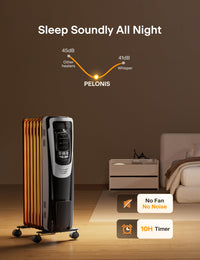 PELONIS Oil Filled Radiator, Electric Space Heater for Indoor Use Large Room with Thermostat & Remote, 3 Modes & 3 Heat Settings, ECO Mode, 24H Timer, Quiet, Overheat & Tip-Over Protection, 1500W Premium with LED Display Black