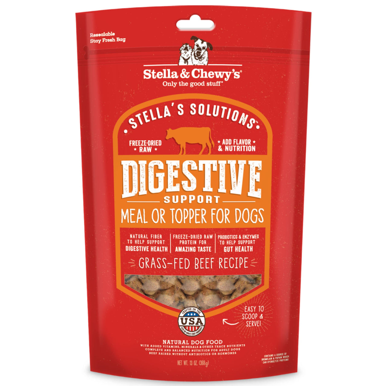 Stella & Chewy's   Stellas Solutions Digestive Boost  Grass-Fed Beef Dinner Morsels  Freeze-Dried Raw, Protein Rich, Grain Free Dog Food  13 oz Bag