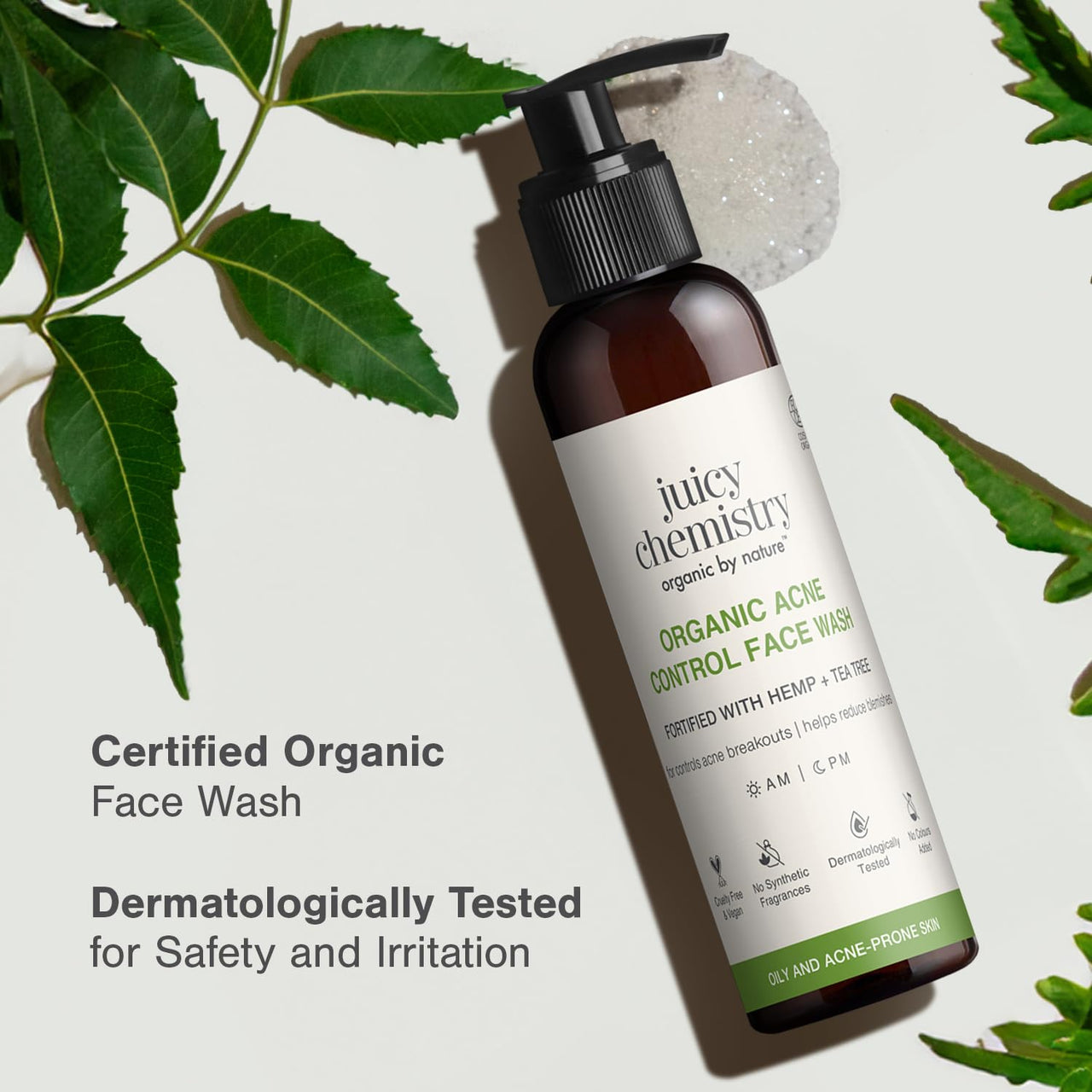 Juicy Chemistry Organic Acne Control Face Wash, 110 ml | Hemp, Tea Tree & Neem Face Cleanser for Acne-prone, Oily, Coimbination Skin | Blemish Control & Purifying Face Wash | Cruelty-free & 100% Vegan