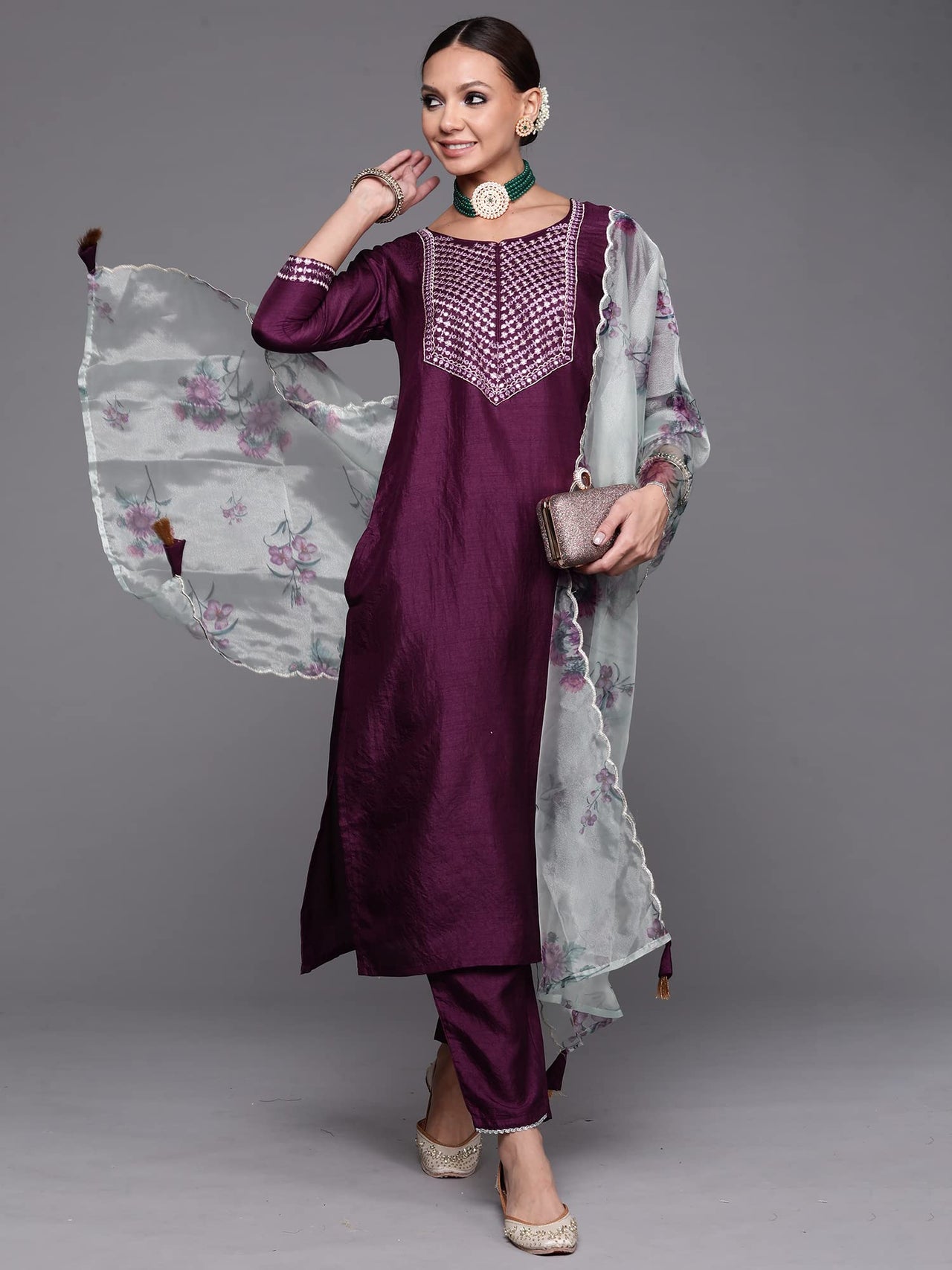 INDO ERA Women's  Embroidered Kurta Set for Women with Organza Dupatta(KH9PR4439-P_Purple and Green_Xs to XXL-Size)