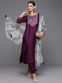 INDO ERA Women's  Embroidered Kurta Set for Women with Organza Dupatta(KH9PR4439-P_Purple and Green_Xs to XXL-Size)